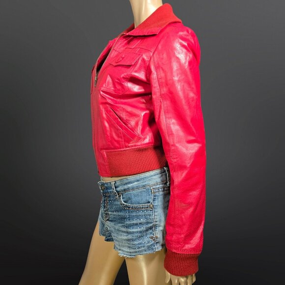 Y2K Red Leather Bomber Moto Jacket Size S Short Cropped Zip Up 2000s - Picture 4 of 12